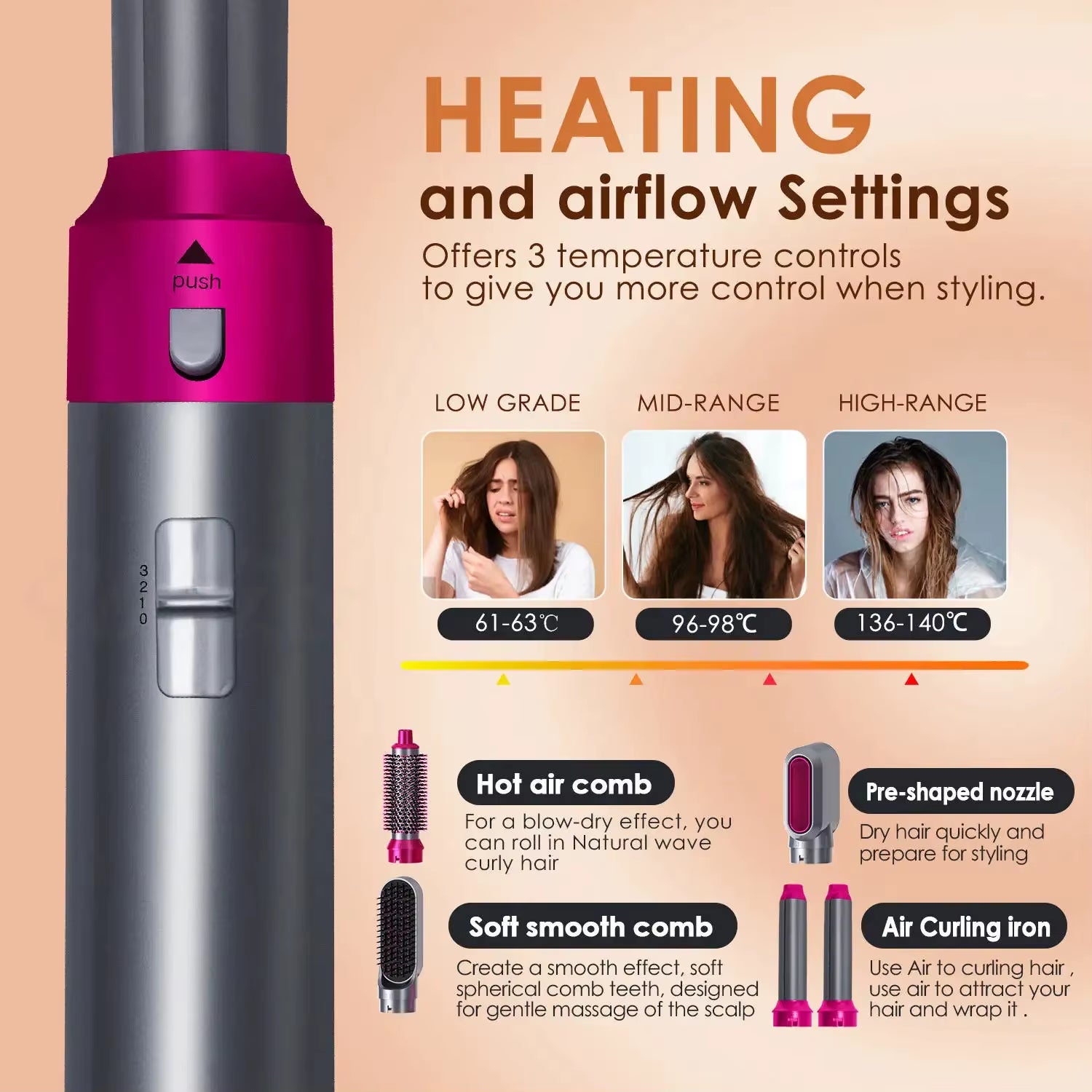 Hair Dryer 5-In-1 Electric Hair Comb Negative Ion Straight Curler Brush Blow Dryer Air Comb Removable Brush Kit Tool
